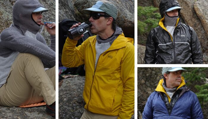 man wearing various clothing ensembles in the backcountry