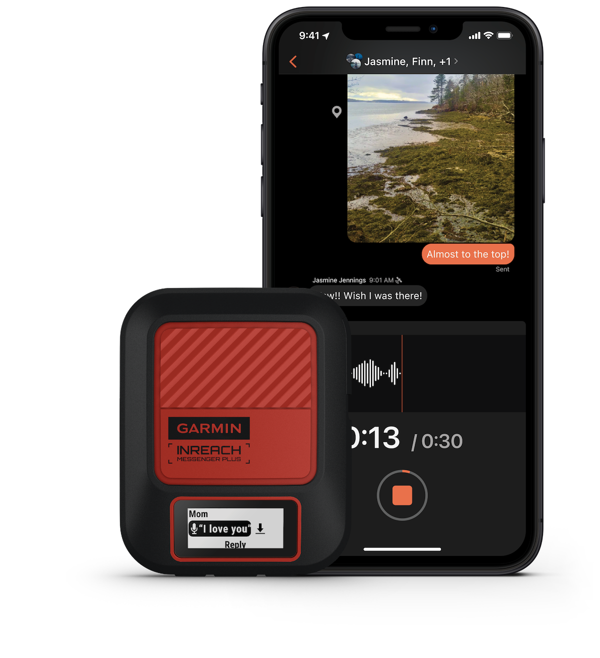 garmin inreach messenger plus and a smartphone transmitting a voice memo