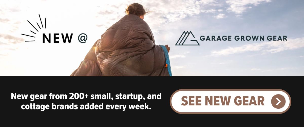 person wrapped in a sleeping quilt, text "new at garage grown gear"