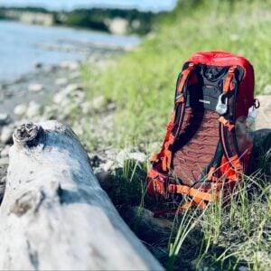 backpack next to a log