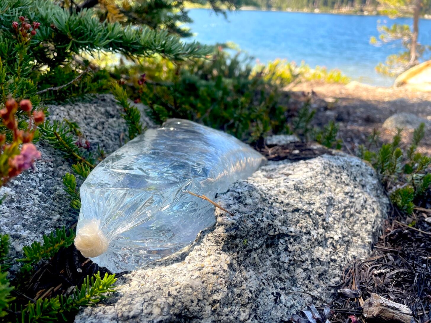 knotted food storage poly bag used as an emergency water container