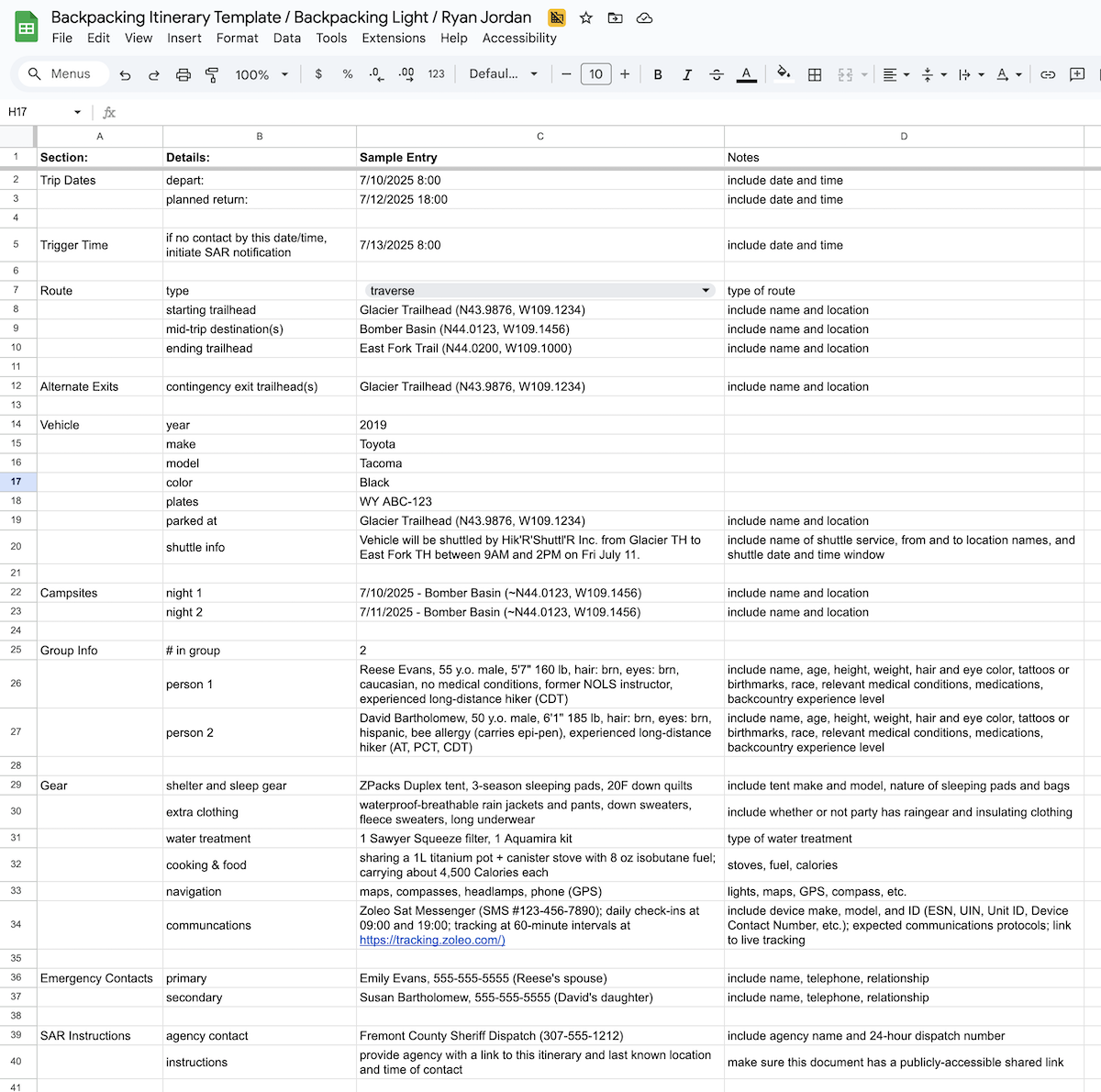 itinerary spreadsheet example