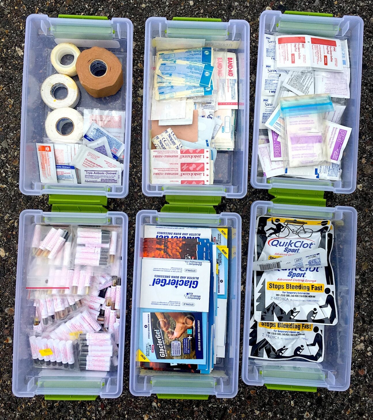 first aid supplies in bins
