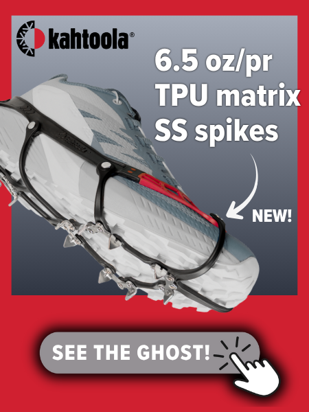 Kahtoola advertisement featuring MICROspikes Ghost traction device on a shoe with text highlighting 6.5 oz per pair TPU matrix stainless steel spikes and a button labeled See the Ghost