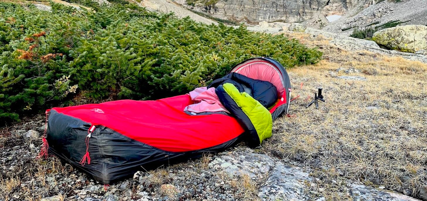 bivy sack with sleeping bag, camped near krummholz