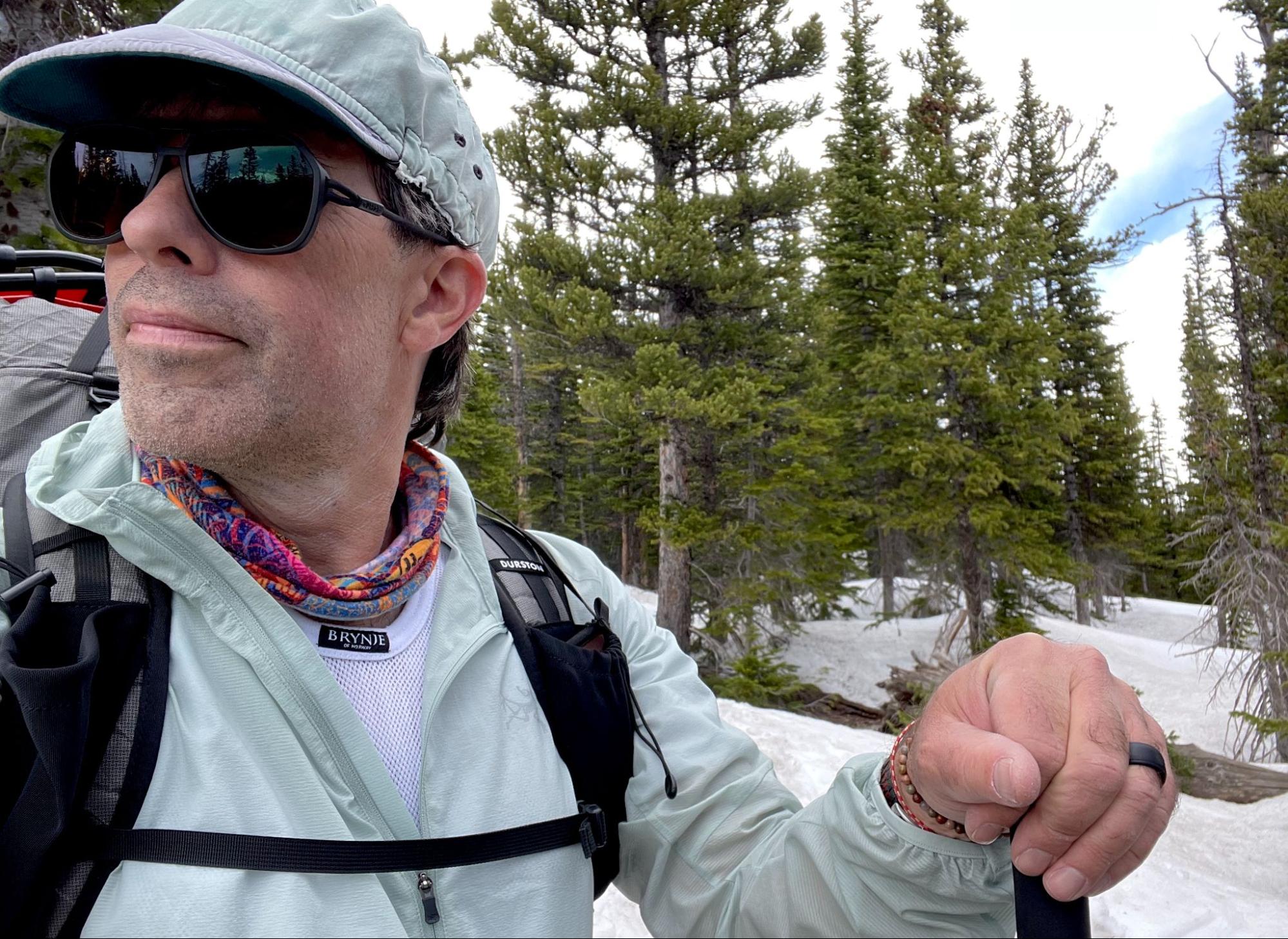 ryan in a fishnet worn under a warm jacket