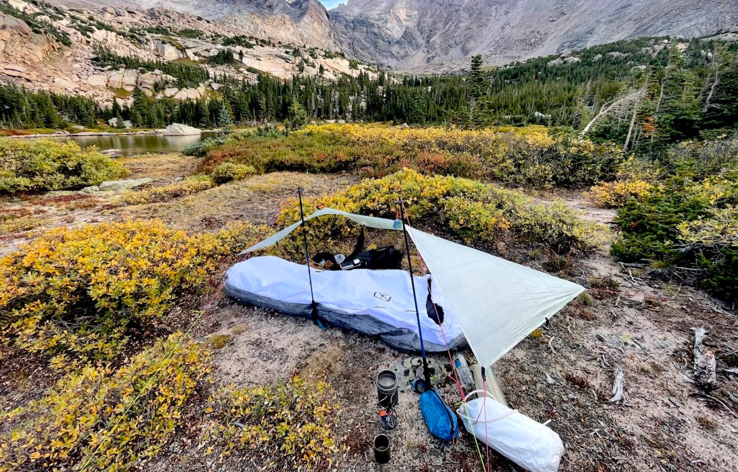 bivy sack and ultralight tarp in a mountain environment