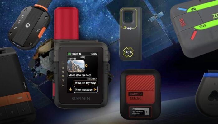 collage of satellite messaging devices overlaying a space scene with an iridium next satellite