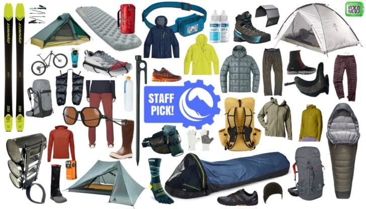 a collage of backpacking, hiking, camping, and outdoor gear photos with the Backpacking Light badge icon "staff picks" in the center
