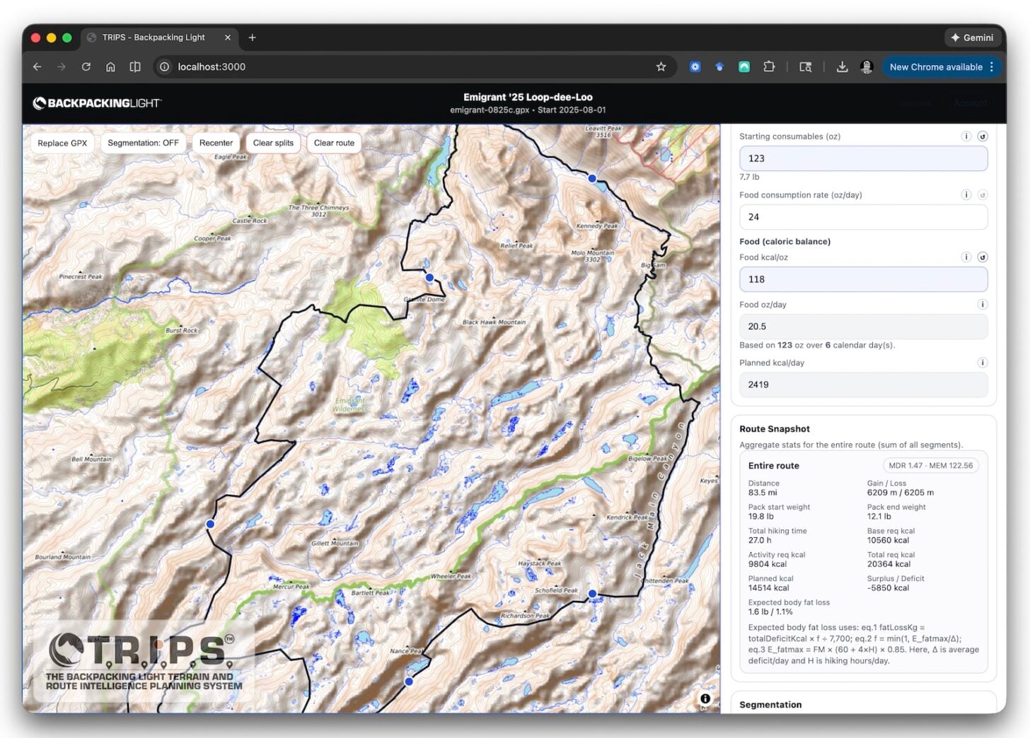 screenshot of backpacking light TRIPS platform