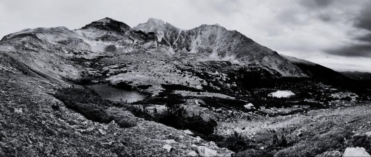 black and white image of an alpine basin