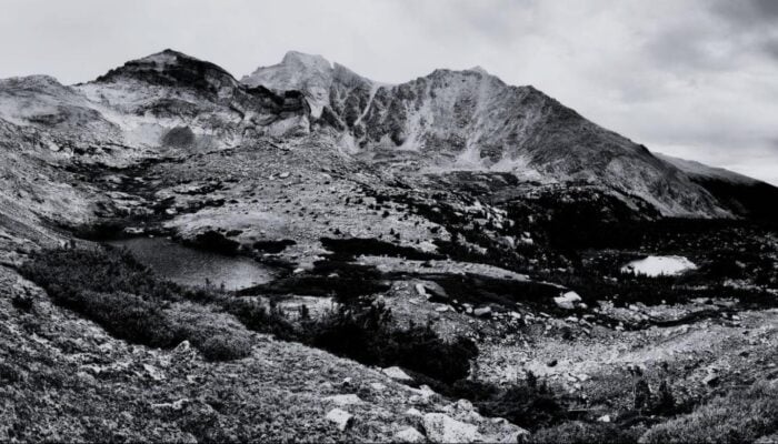 black and white image of an alpine basin