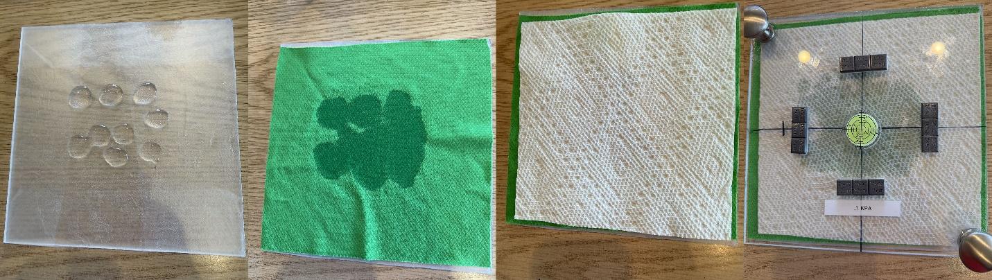 The image shows a green sheet with a circle, a white sheet with a cross, and a table with text and measurements.AI-generated content may be incorrect.