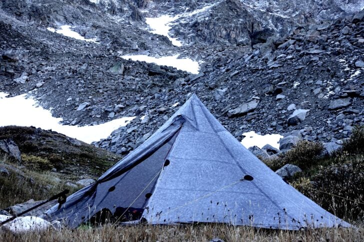 pyramid tent in rocks
