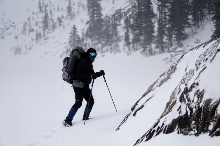 hiker in snow blizzard
