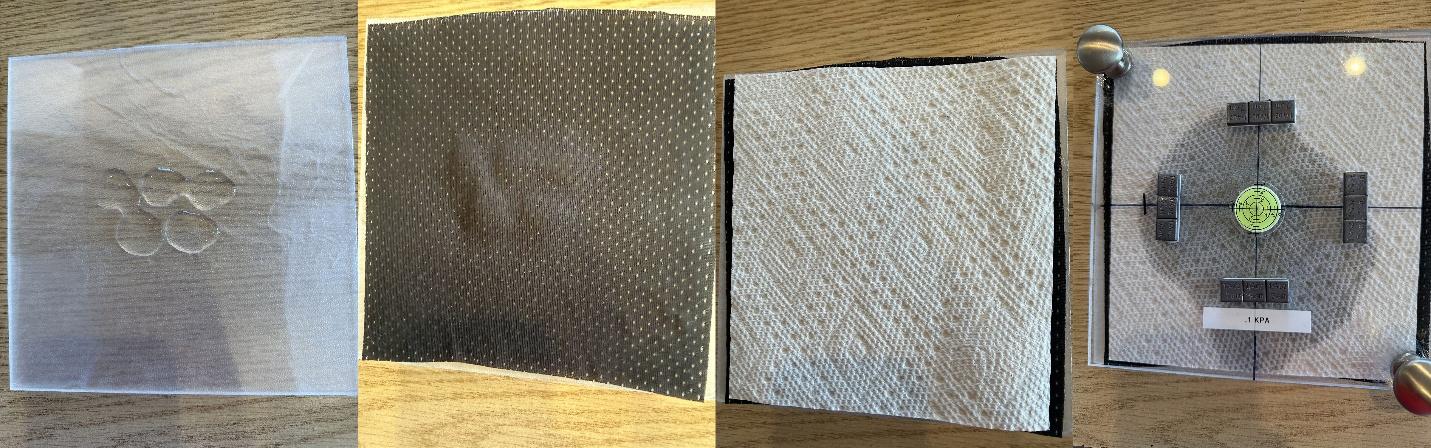 The image shows a series of items on a table: a piece of gauze, a circular object, and a rectangular item, each positioned on a clear surface.AI-generated content may be incorrect.