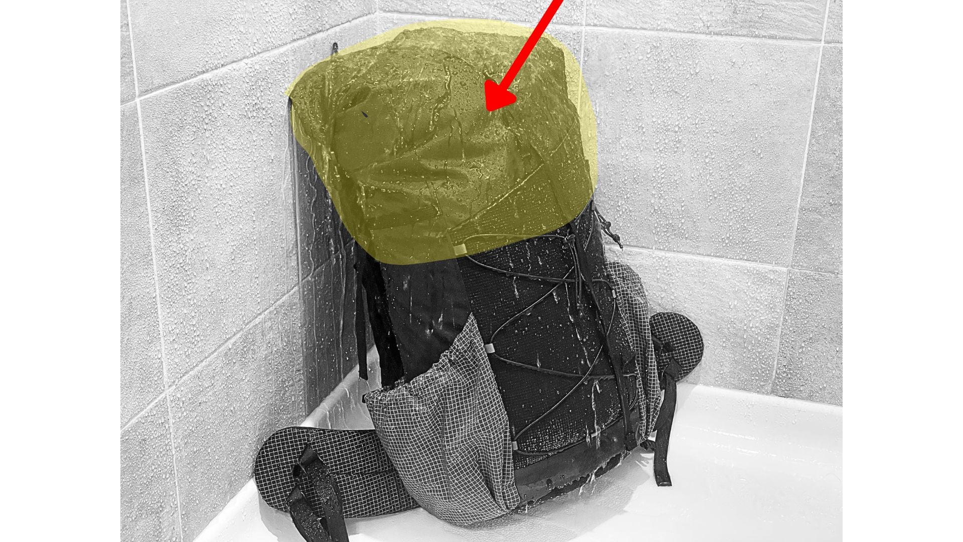 Backpack undergoing a shower test