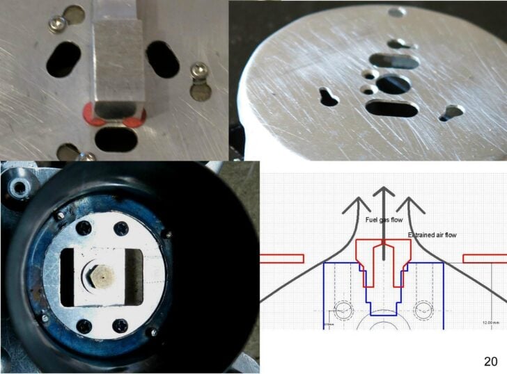Stove base details and diagram illustrating fuel gas and entrained air flow.
