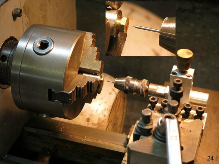 Lathe setup drilling a small brass stove component.
