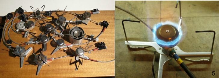 Collection of prototype stoves and a stove operating with a blue flame.