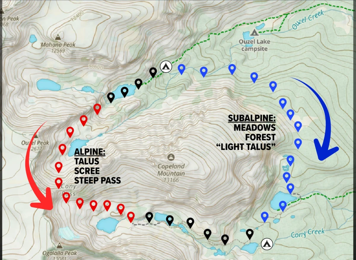 Map comparing two routes between campsites in Rocky Mountain National Park: red and black markers cross Cony Pass west of Copeland Mountain; blue markers follow a lower route around its eastern side.