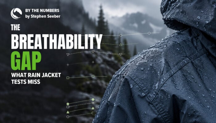 The Breathability Gap: What Rain Jacket Tests Miss, by Stephen Seeber, with a rain jacket and chart artwork.