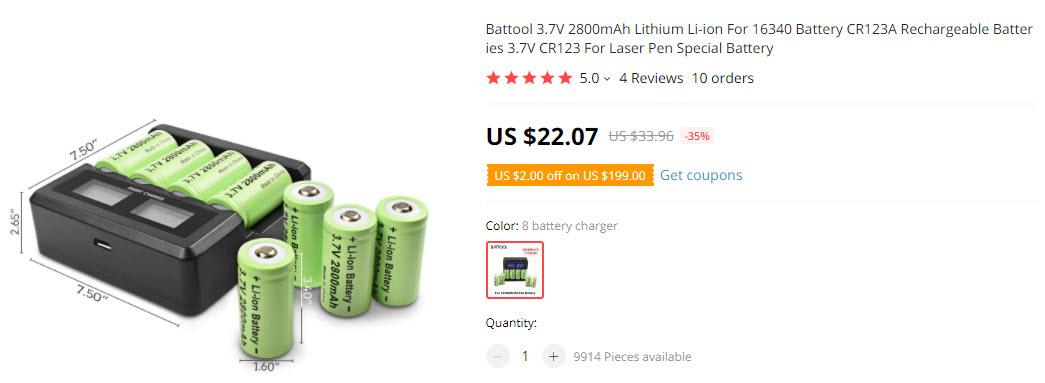 2x 3.7V 2800mAh Lithium Li-ion 16340 Battery CR123A Rechargeable Batteries