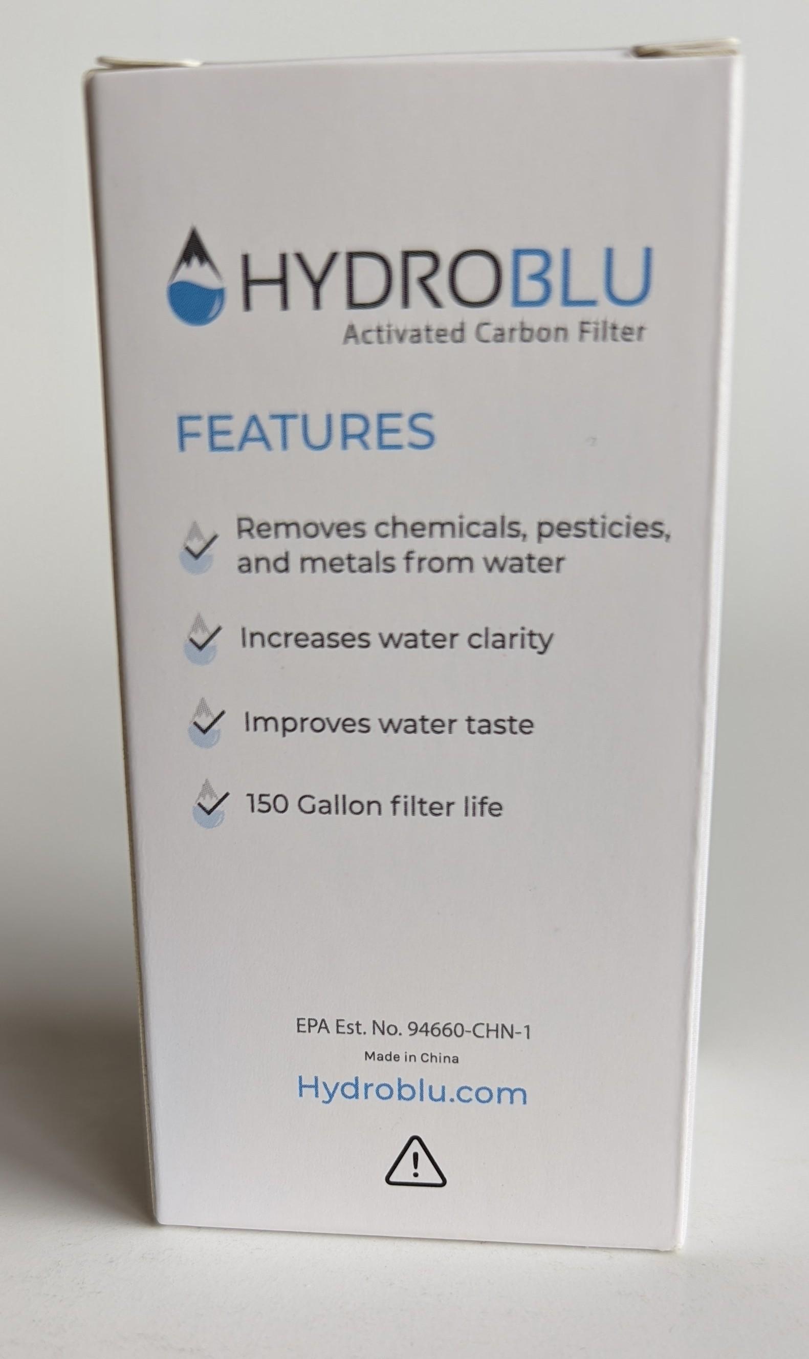 HydroBlu carbon filter packaging