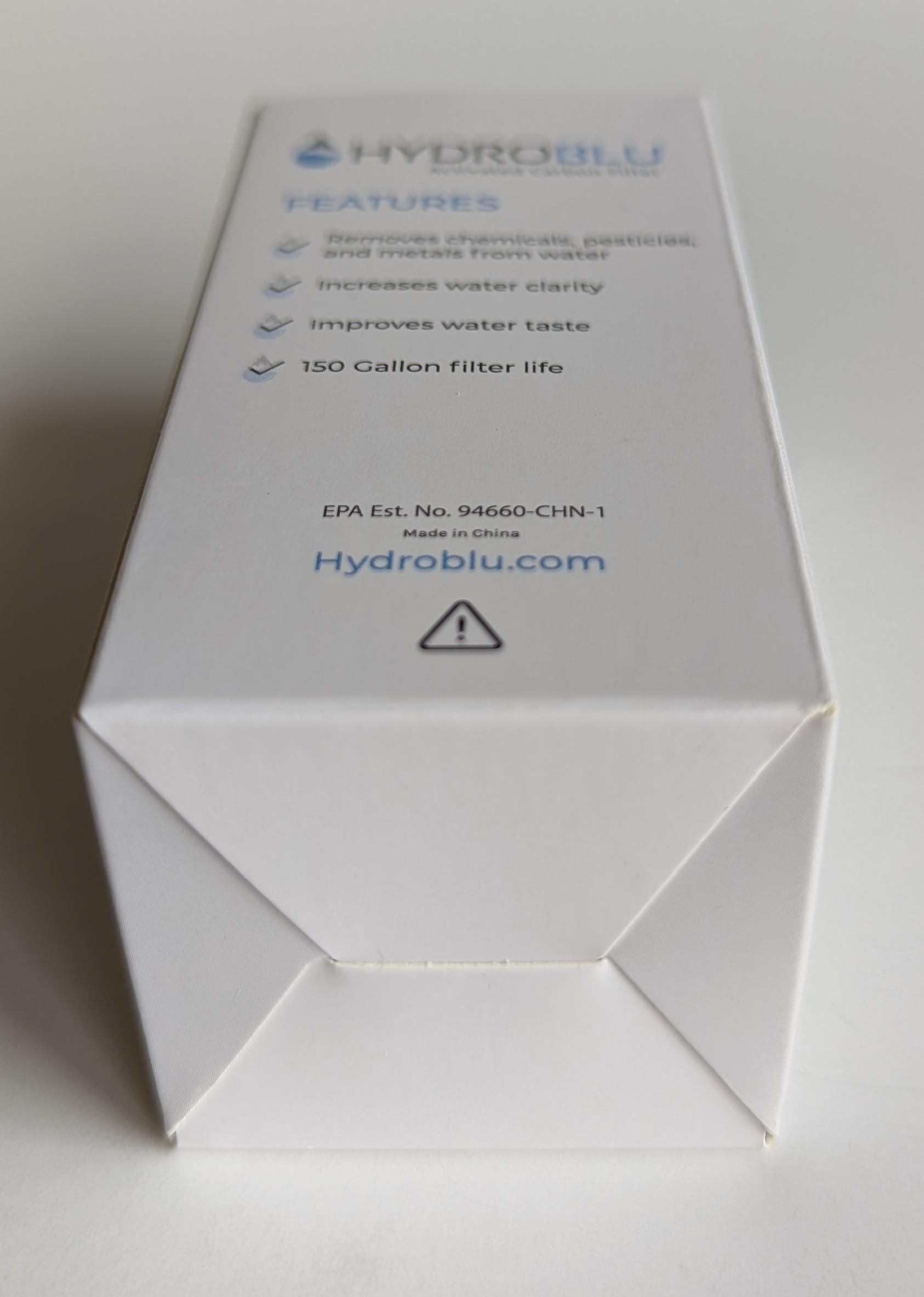 HydroBlu carbon filter packaging