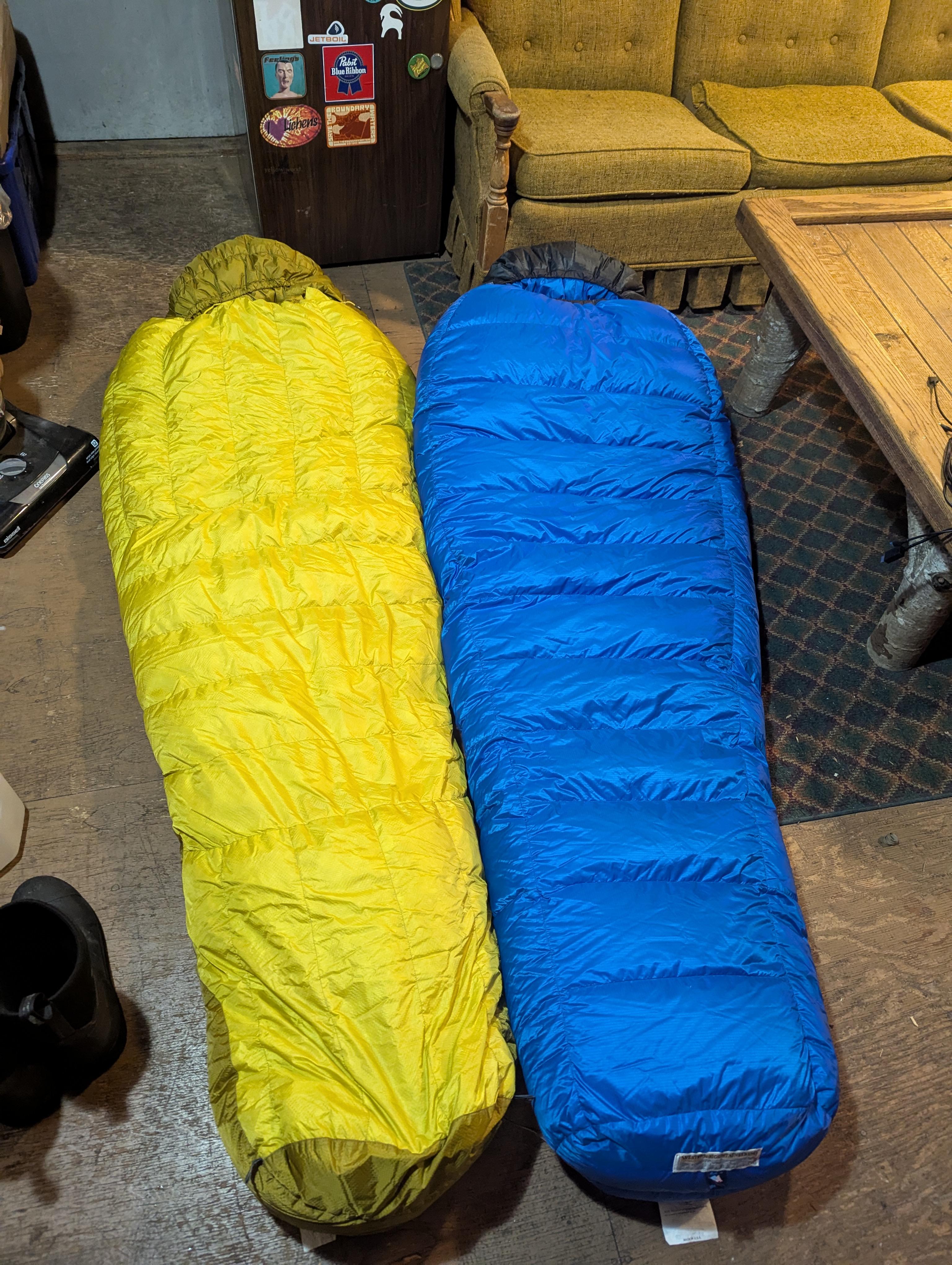 A yellow and blue sleeping bag