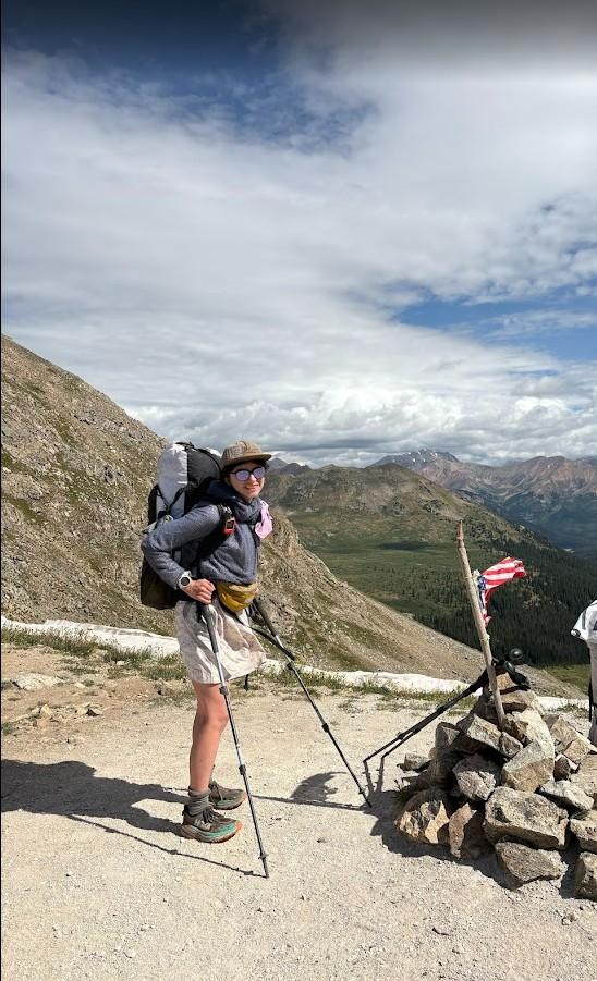 Wearing the sundress underneath a Senchi hoodie, at Lake Ann pass.