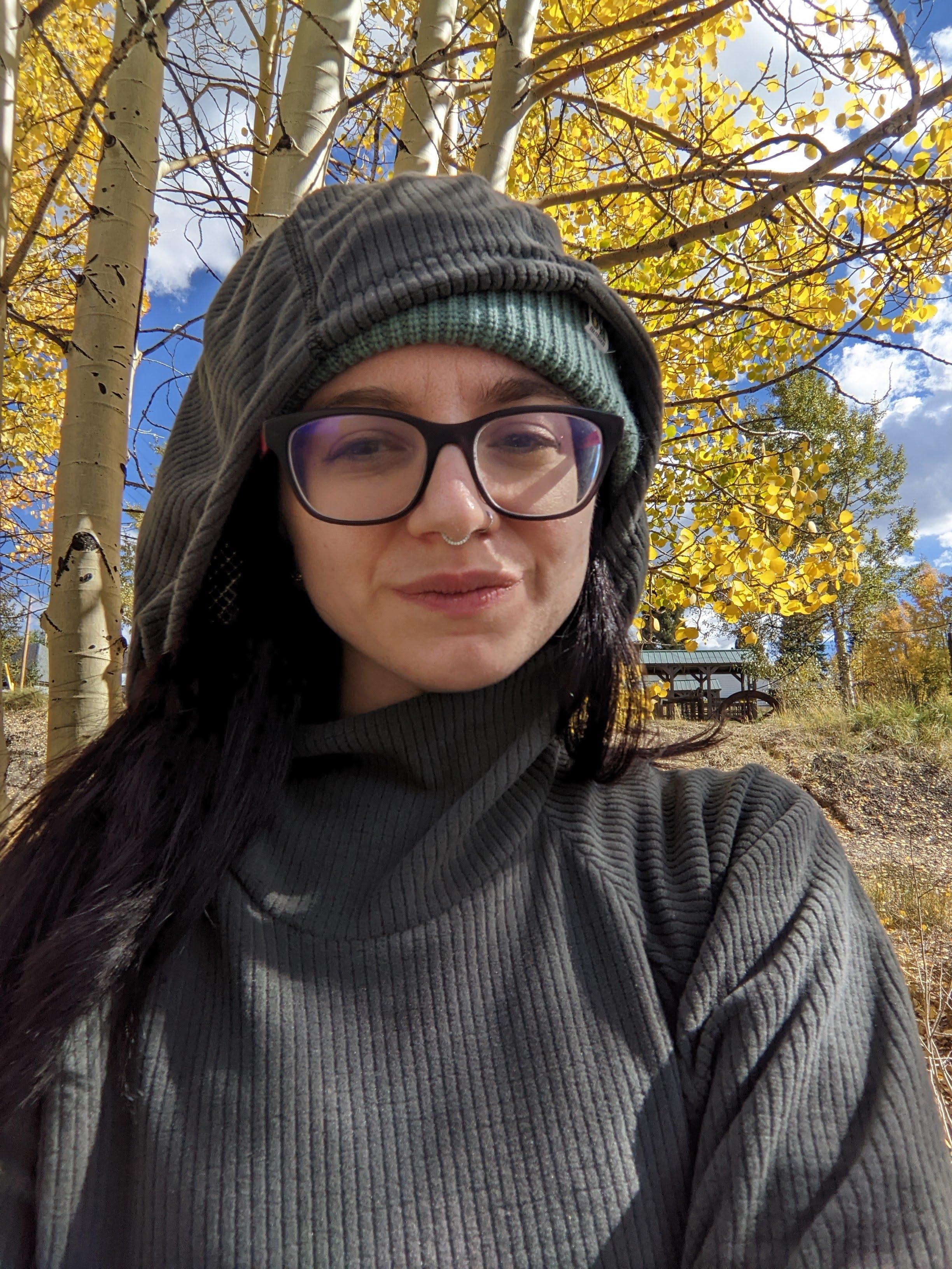 Wearing the Micro Grid Dress V2 in an aspen grove